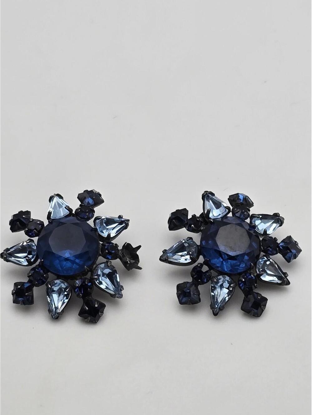 VTG Signed Schreiner NY Sapphire Rhinestone Earrings